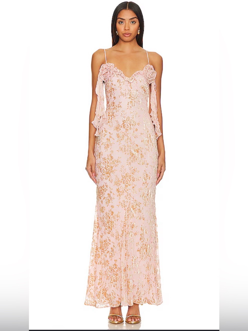 NBD Blush Pink Gold Velvet Floral Slip Maxi Dress